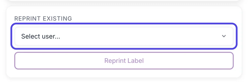The Reprint Existing box in Username Tracking with the Select user... list circled.