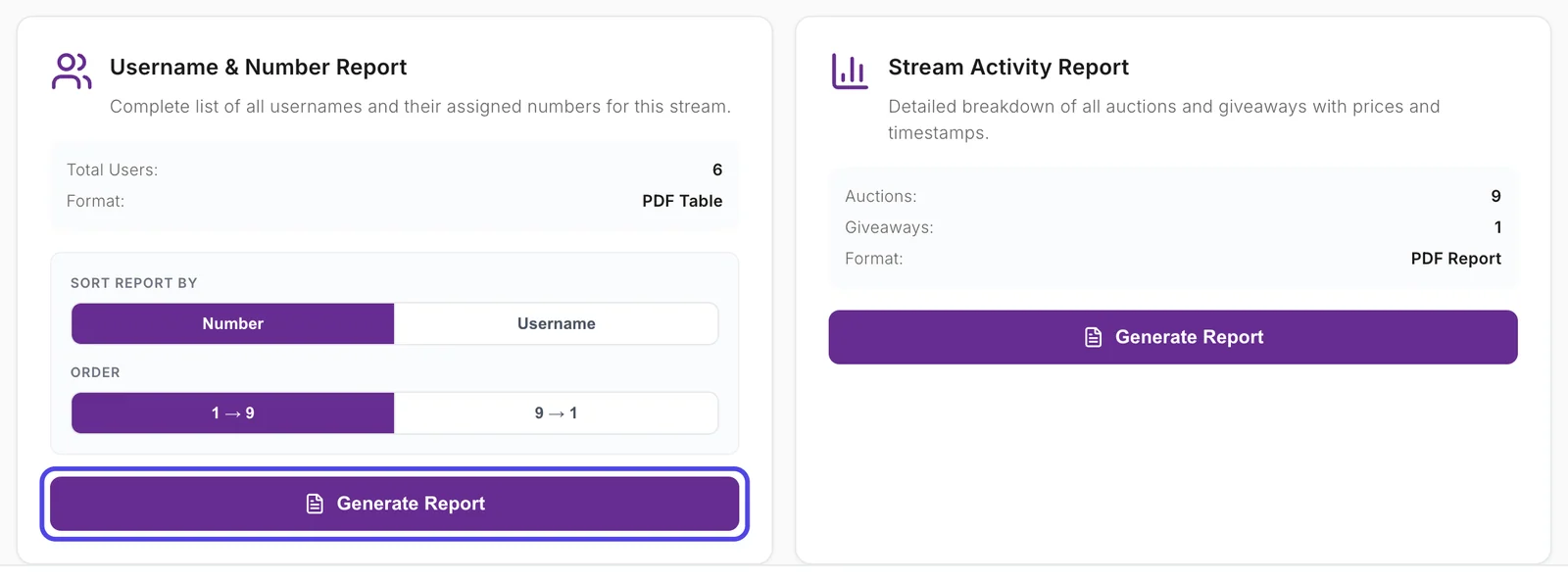 The two report boxes side by side: Username & Number Report on the left with its purple Generate Report button circled, and Stream Activity Report on the right.