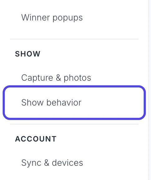 The list of settings pages on the left side of Advanced Settings, with Show behavior circled.