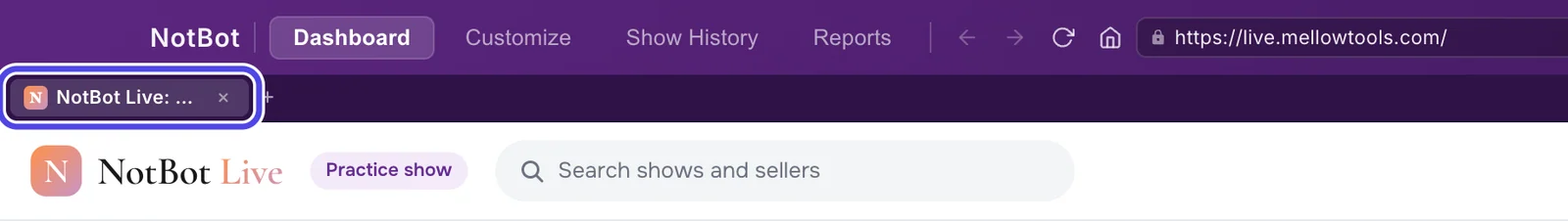 The top left of the NotBot window: the purple top bar with the address live.mellowtools.com, and under it the platform tab, circled, with the top of the practice marketplace NotBot Live below.