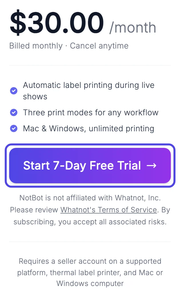 The NotBot plan card on the Subscriptions page, showing $30.00 per month, with the purple Start 7-Day Free Trial button circled.
