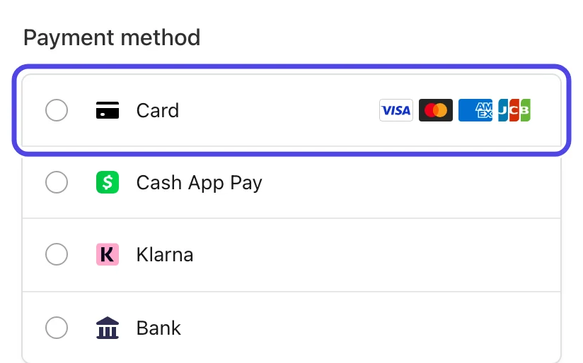 The Payment method list on the right side of the payment page, with Card circled at the top of the list.