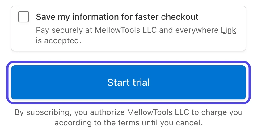 The bottom of the payment page, with the Save my information for faster checkout square left empty and the blue Start trial button circled.