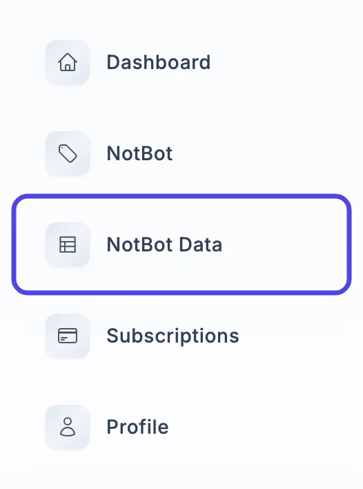 The menu on the left side of the website, with NotBot Data circled.