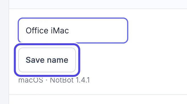 The first row with the new name Office iMac in the box and the Save name button under it circled.