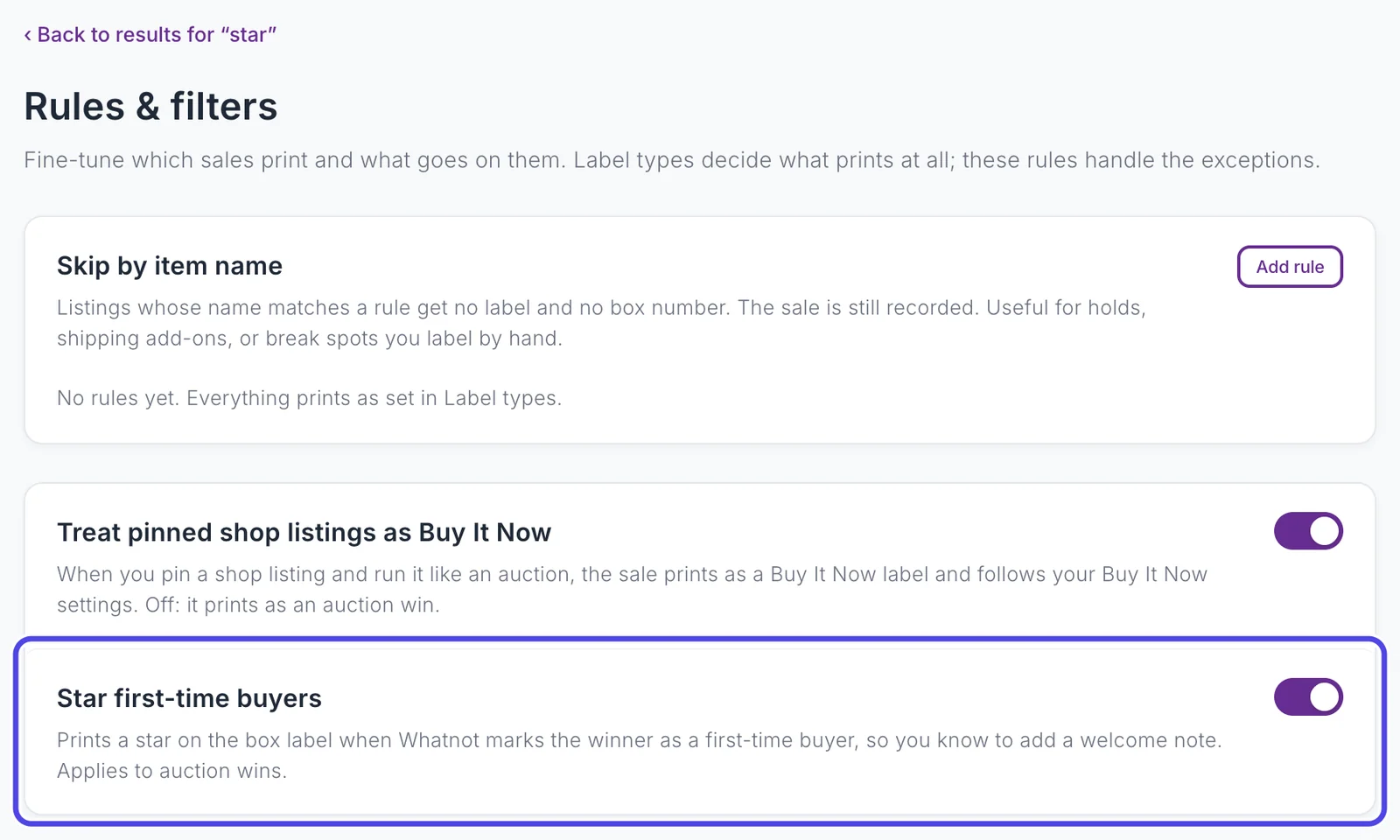 The Rules & filters page opened from the search, with the Star first-time buyers setting highlighted and circled, and Back to results for “star” above the page.