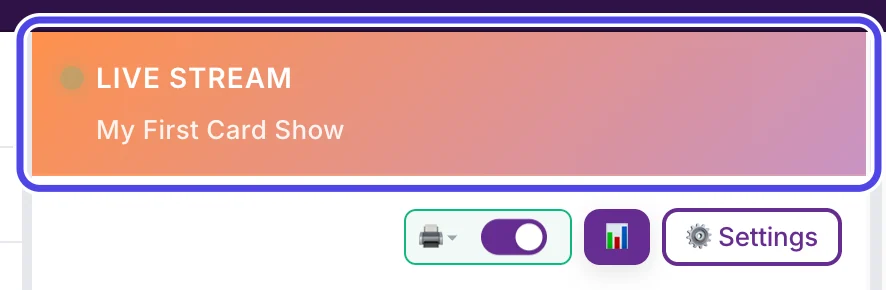 The top of the NotBot panel. It says LIVE STREAM with the show name My First Card Show underneath, and it is circled.