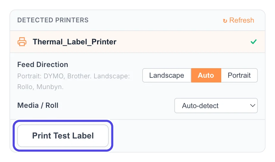 The printer box with the Print Test Label button circled.