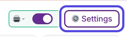 The top of the NotBot panel on the right, with the Settings button circled next to the printer icon and the auto-print switch.