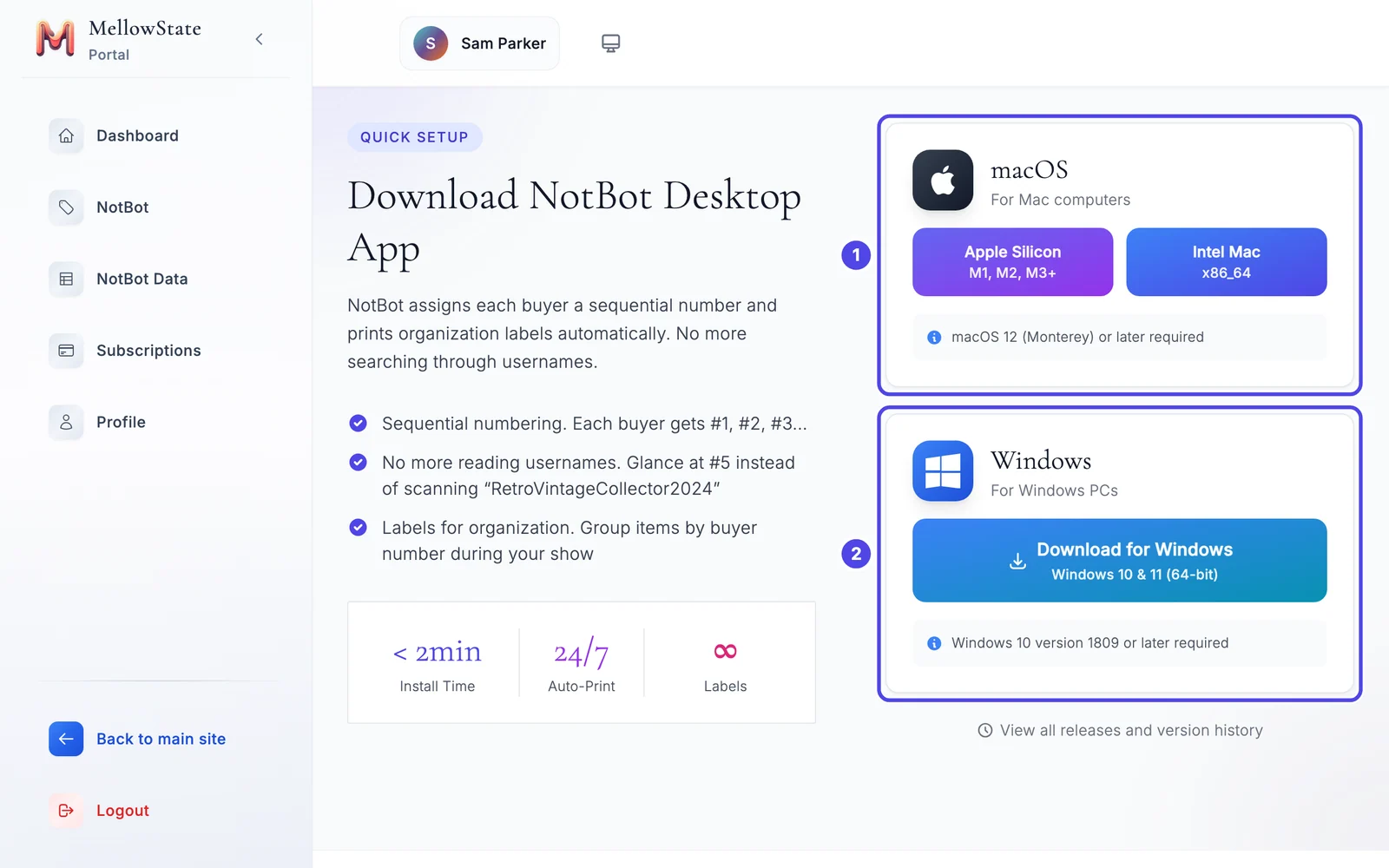 The NotBot page of our website, with the macOS download box numbered 1 and the Windows download box numbered 2.