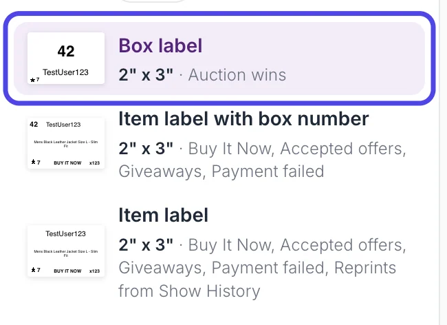 The label list with the Box label row circled.