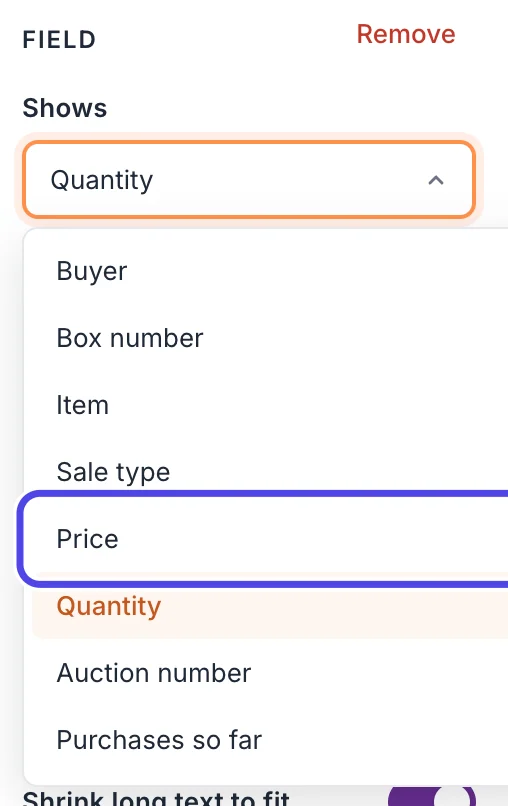 The Shows list open in the settings panel, listing Buyer, Box number, Item, Sale type, Price, Quantity and more. Price is circled.