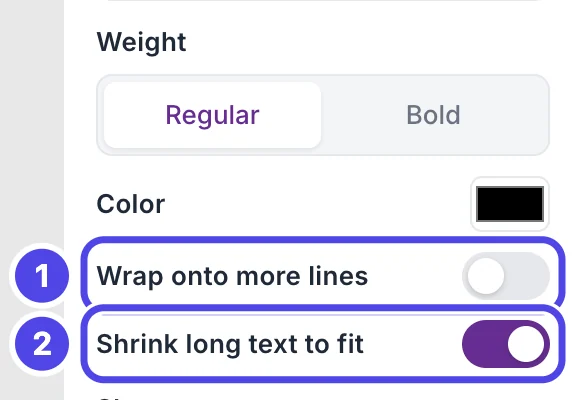 The settings panel for the Buyer field with Wrap onto more lines (off) numbered 1 and Shrink long text to fit (on) numbered 2.