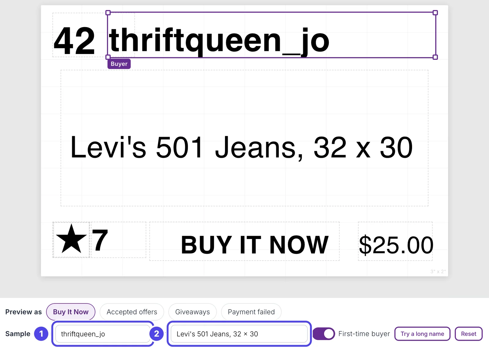 The label with the sample buyer thriftqueen_jo and the item Levi's 501 Jeans, 32 x 30, and the Sample row under it with the Buyer and Item boxes circled.