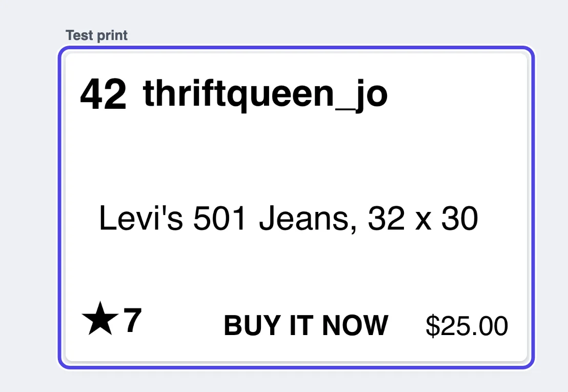 The printed test label: 42 and thriftqueen_jo in bold at the top, Levi's 501 Jeans, 32 x 30 in the middle, a star with 7, BUY IT NOW and $25.00 at the bottom.