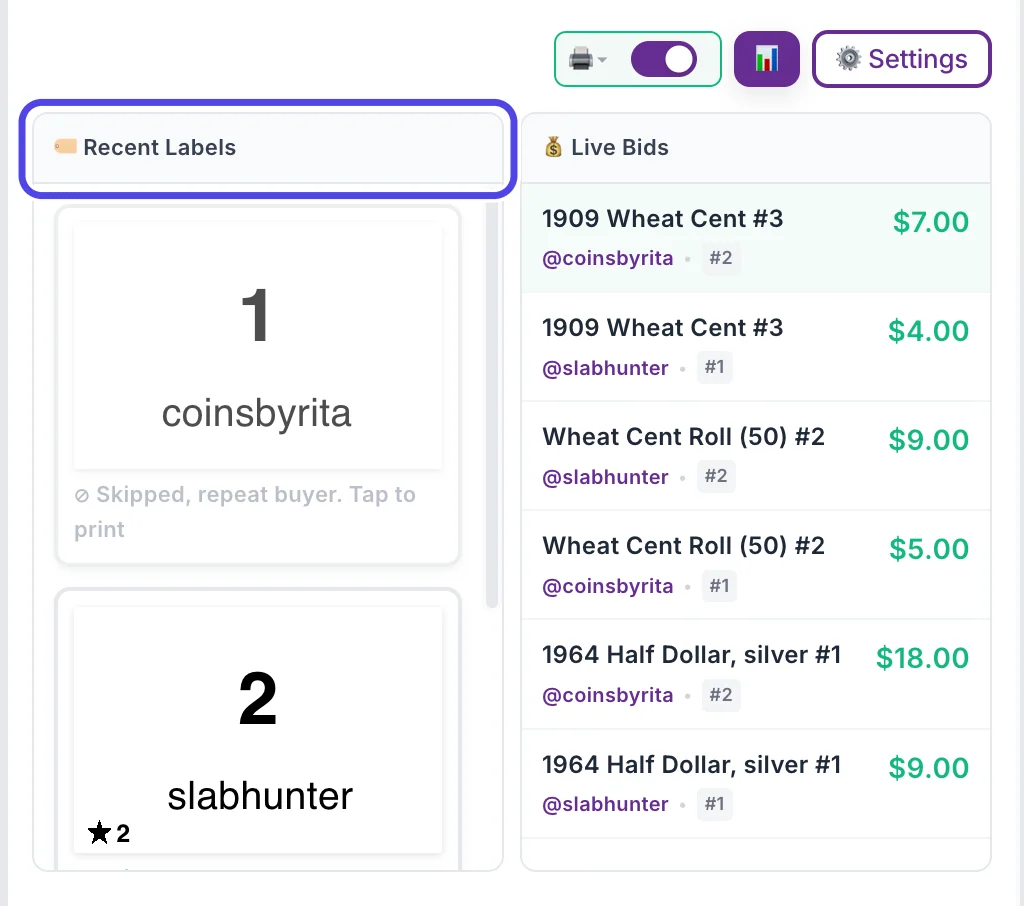 The NotBot panel on the right with the Recent Labels box circled. It shows three label cards: two say Printed and one says Skipped, repeat buyer. Tap to print.