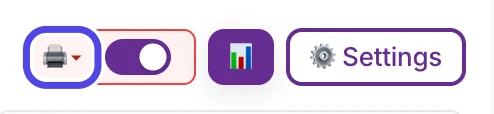 The top of the NotBot panel with the red printer button circled, next to the purple auto-print switch and the Settings button.