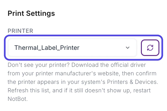 The Print Settings card with the Printer box, showing Thermal_Label_Printer, and the round arrows button beside it circled.
