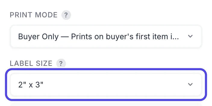 The Print Settings card with the Label Size box, showing 2 by 3 inches, circled.