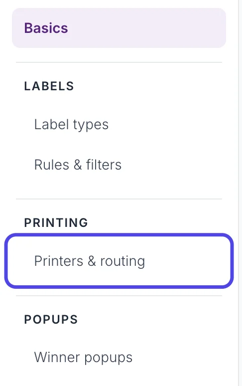 The Advanced Settings list on the left with Printers & routing circled.