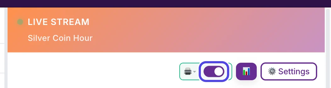 The row of controls under the show name. The purple auto-print switch is circled. Next to it are a purple chart button and a Settings button.
