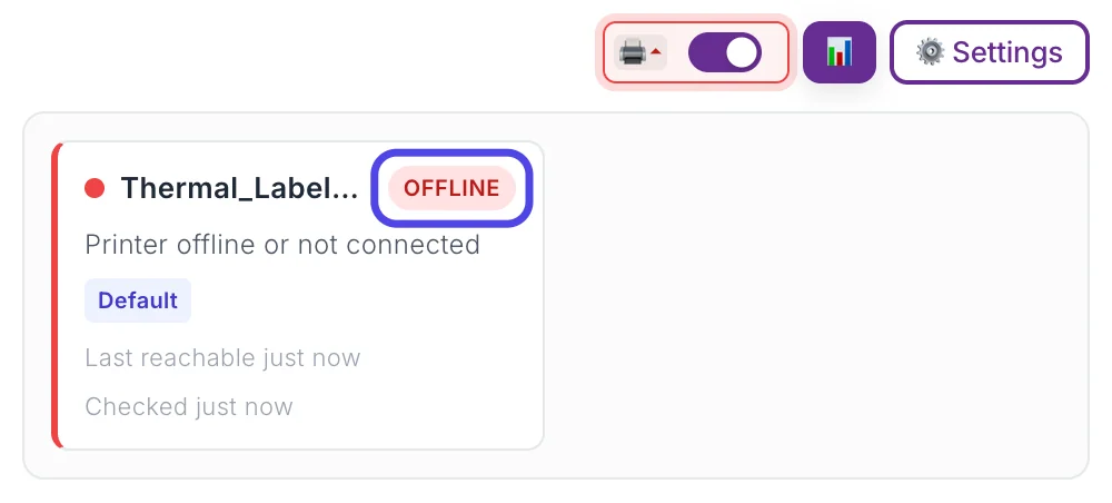 The printer status box. The card for Thermal_Label_Printer has a red dot, the word Offline, which is circled, and the reason Printer offline or not connected.