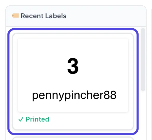 The Recent Labels column with the newest printed label circled.