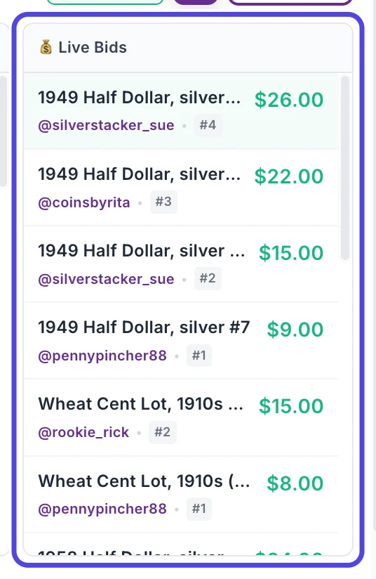 The Live Bids column, circled, with the newest bid at the top: 26 dollars from silverstacker_sue, bid number 4, followed by the earlier bids on the same coin and on earlier items.