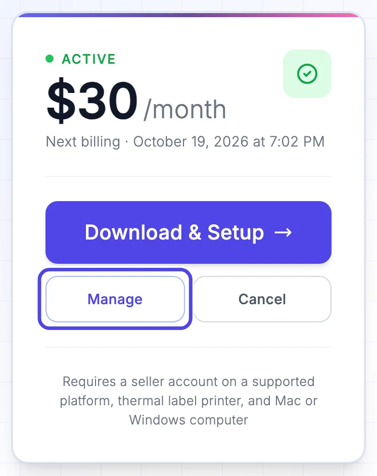 The NotBot plan card on the Subscriptions page, showing Active, $30 a month and the next billing date, with the Manage button circled and the Cancel button next to it.