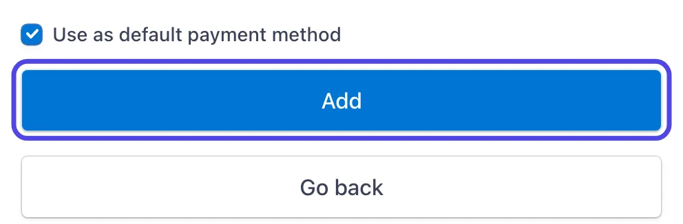 The bottom of the Add payment method page, with Use as default payment method ticked and the blue Add button circled.