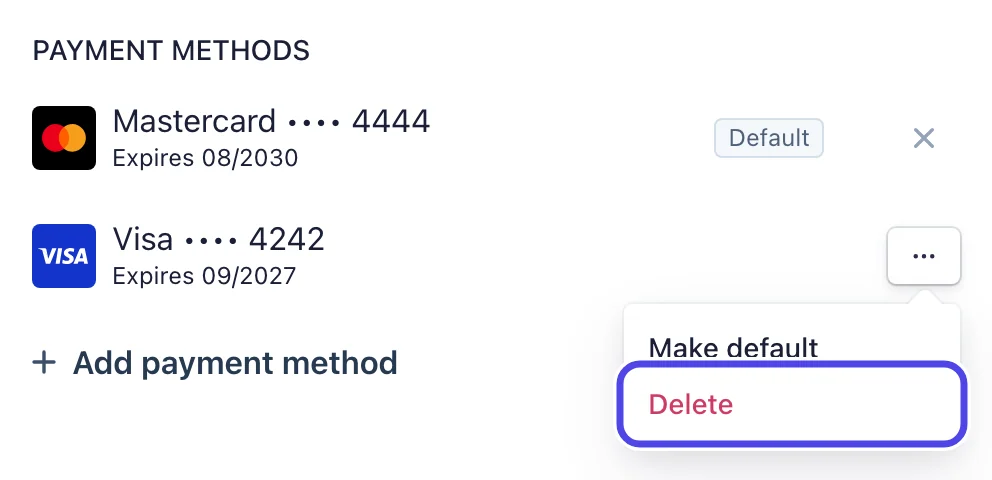 The menu next to the old card, showing Make default and Delete, with Delete circled.