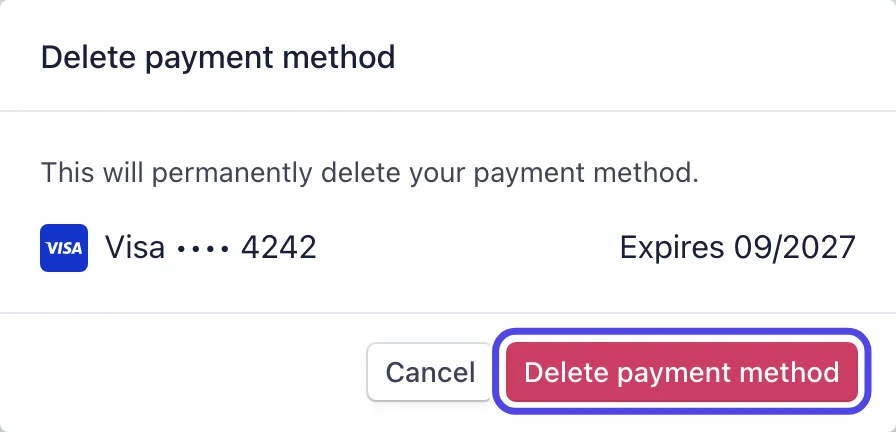 The Delete payment method box, showing the old Visa card, with the red Delete payment method button circled.