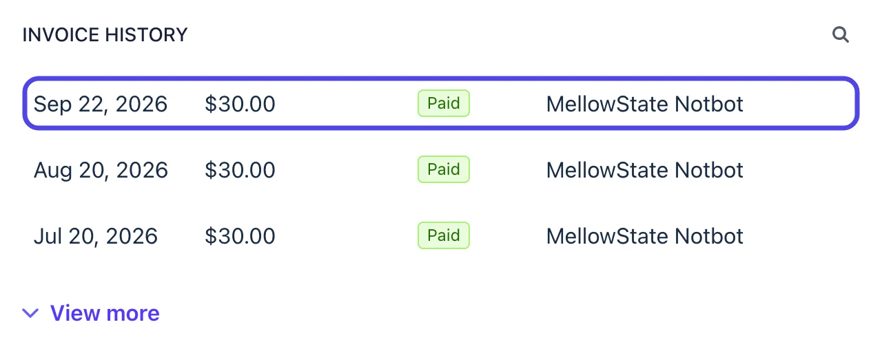 The Invoice history part of the billing page, listing paid $30.00 monthly bills with View more under them, and the newest bill at the top circled.