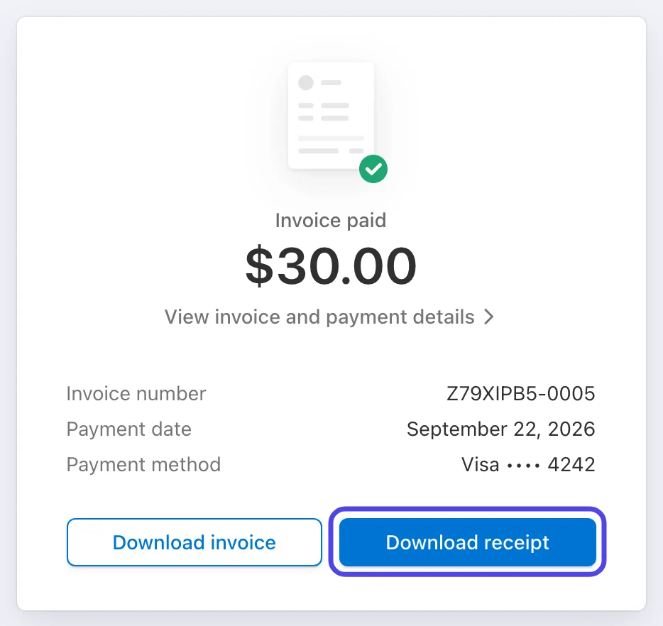 The invoice page showing Invoice paid, $30.00, the invoice number, payment date and card, with the blue Download receipt button circled and the white Download invoice button next to it.