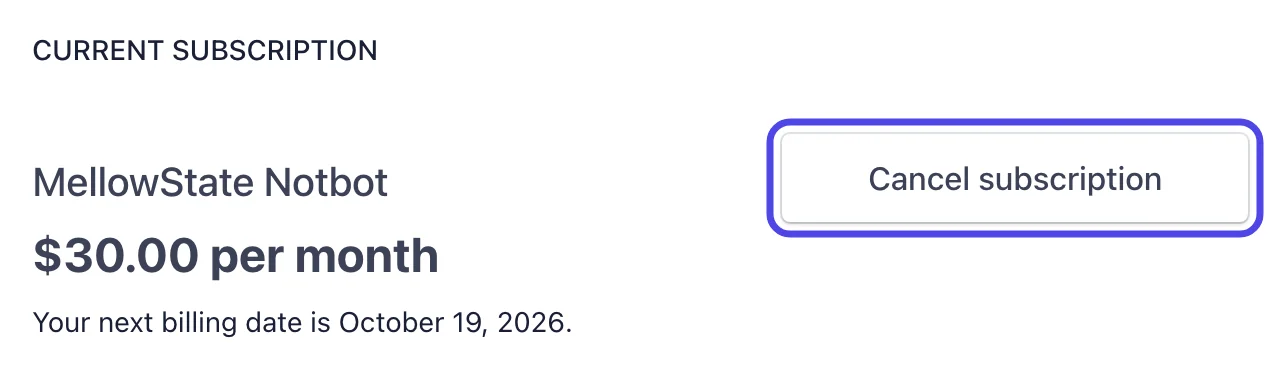 The Current subscription part of the billing page, with the Cancel subscription button circled.