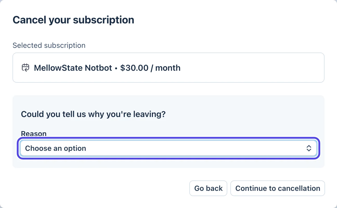 The Cancel your subscription box, showing the selected subscription and the Reason list, with Choose an option circled.