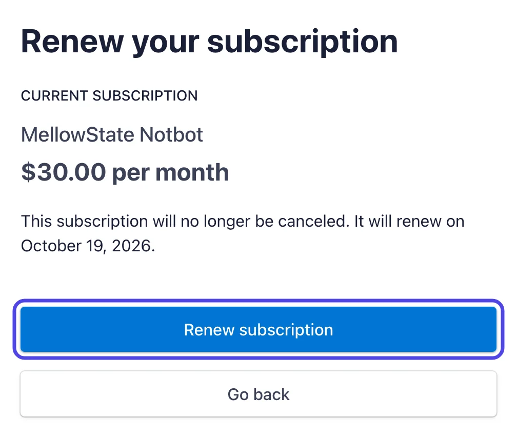The Renew your subscription page, saying the subscription will no longer be canceled and when it renews, with the blue Renew subscription button circled.