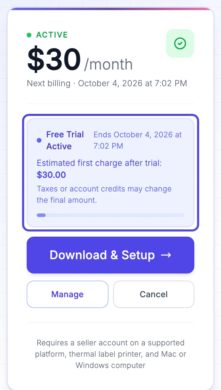 The NotBot card on the Subscriptions page during a free trial, with the Free Trial Active box circled, showing when the trial ends and the estimated first charge of $30.00.