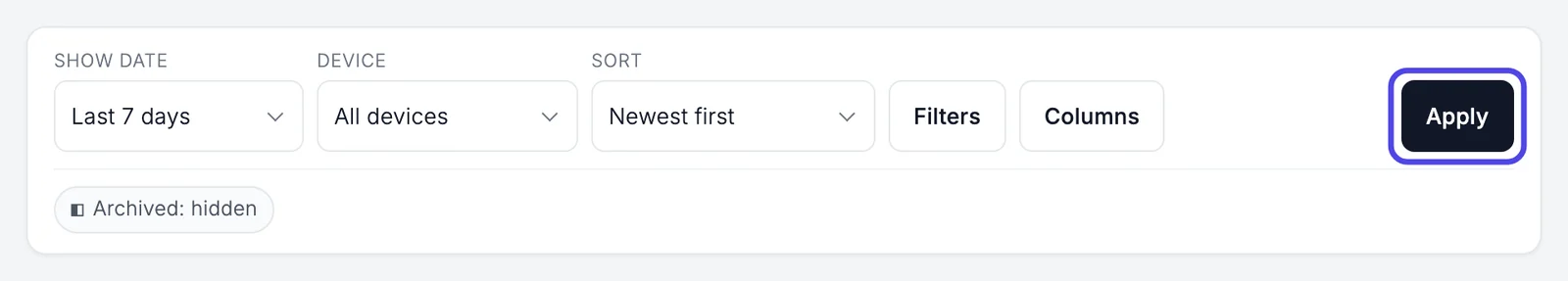 The filter bar with Show date set to Last 7 days and the black Apply button circled.