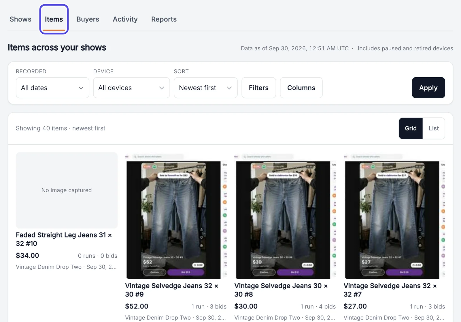The Items tab showing items as pictures, each with its sale photo, name, price, bids and show name. The Items tab is circled.