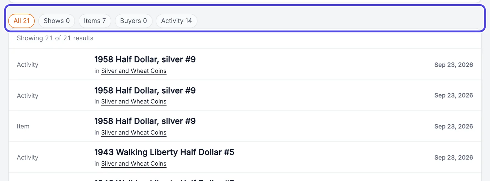 Search results for half dollar, with the All, Shows, Items, Buyers and Activity buttons circled above the list of matching items and activity.