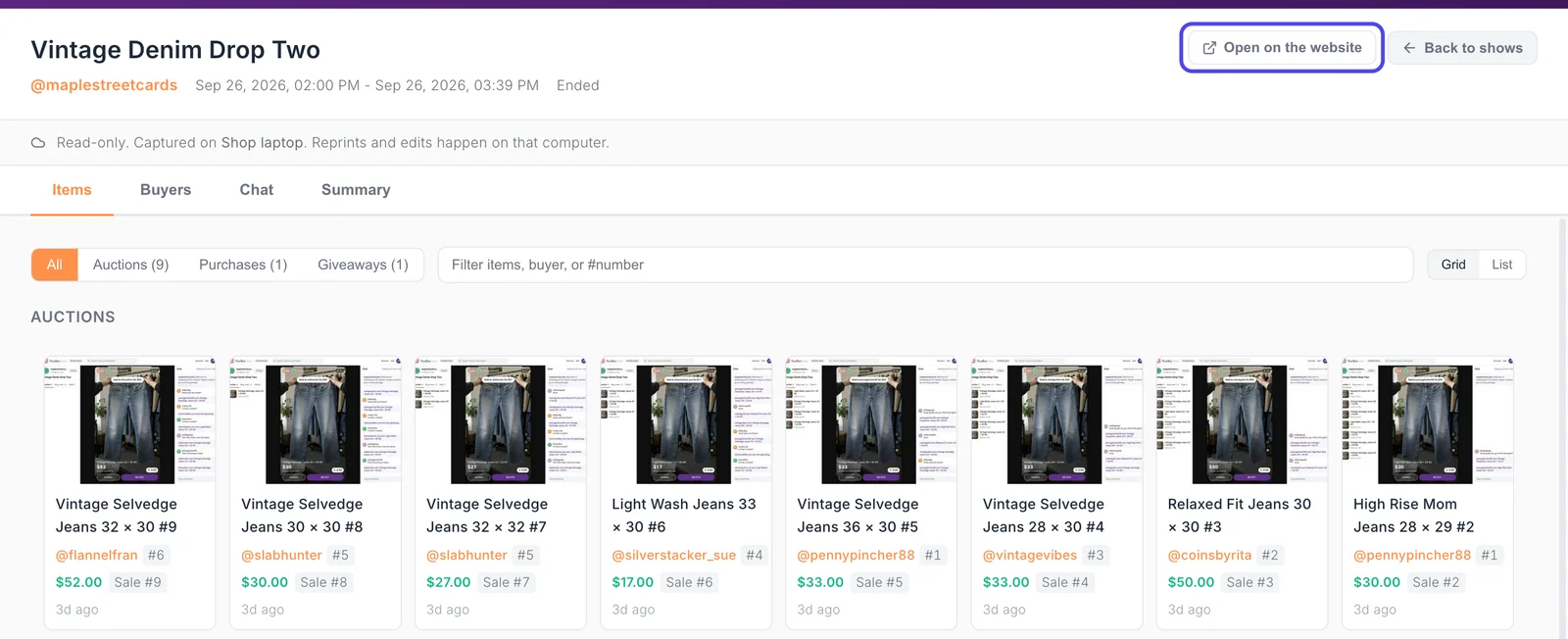 A show from another computer open in NotBot, with the note Read-only. Captured on Shop laptop, the Items, Buyers, Chat and Summary tabs, and the first row of sale photos. The Open on the website button is circled.