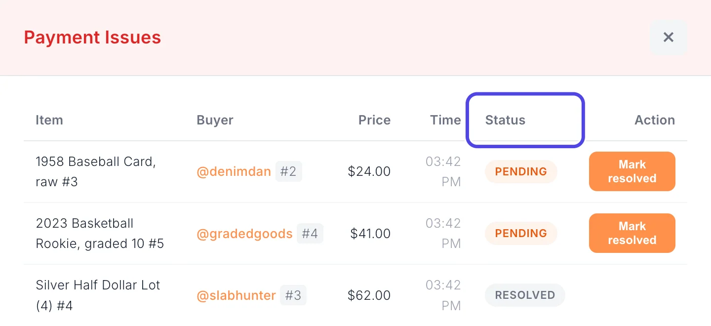 The Payment Issues window with three rows: two marked PENDING with a Mark resolved button, and one marked RESOLVED. The Status column heading is circled.