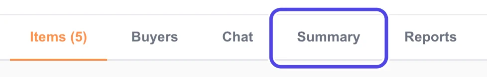 The tabs on the show details page: Items, Buyers, Chat, Summary and Reports. Summary is circled.