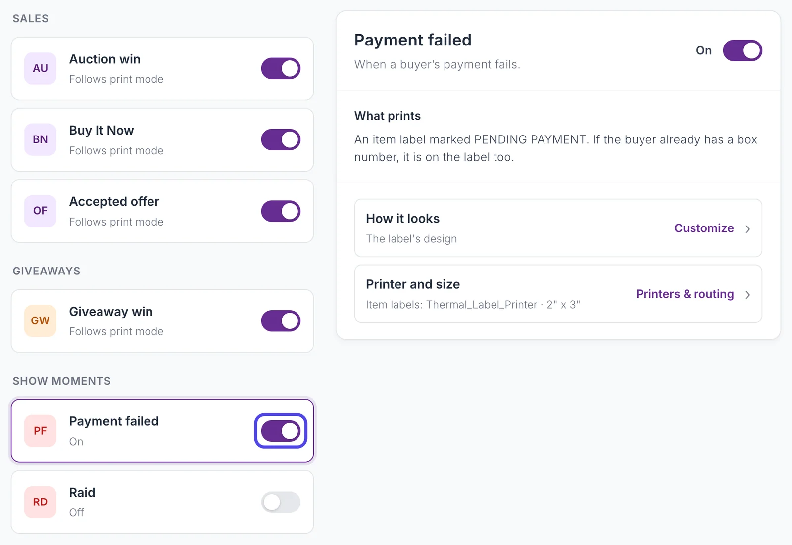 The Show moments group on the Label types page with the Payment failed row, whose switch is on and circled, and the Payment failed details box on the right.