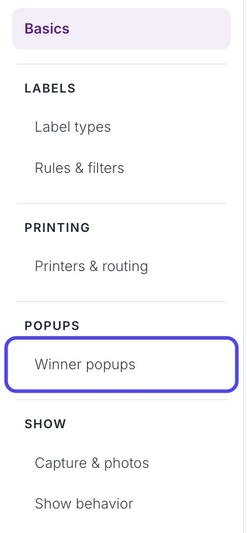 The list of settings pages on the left side of Advanced Settings, with Winner popups circled.