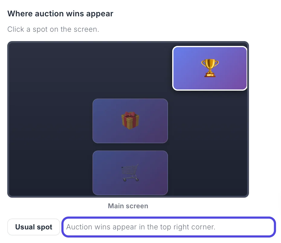 The screen picture with the bright auction card now in the top right corner. Below it, the sentence Auction wins appear in the top right corner is circled, next to the Usual spot button.