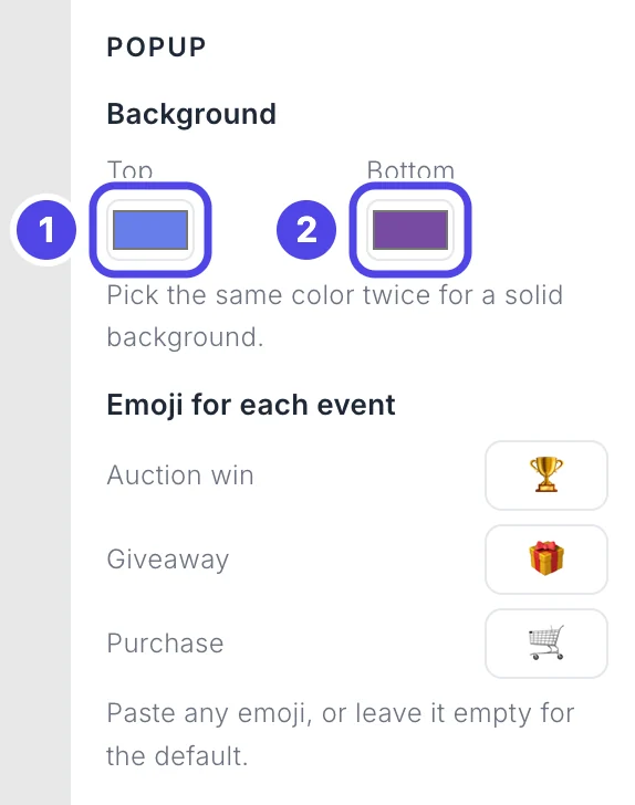 The Popup settings on the right of the designer: the Top color box numbered 1, the Bottom color box numbered 2, and the Emoji for each event boxes below them.
