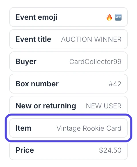 The Fields list on the left of the popup designer with the Item field, sample Vintage Rookie Card, circled.