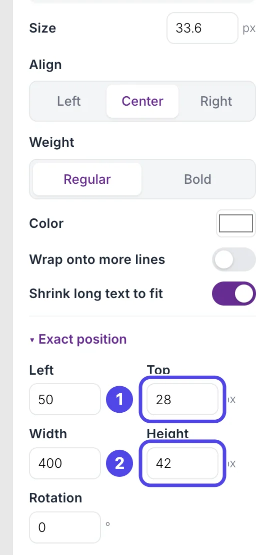 The Field settings on the right of the designer, with the Top box numbered 1 and the Height box numbered 2 under Exact position.